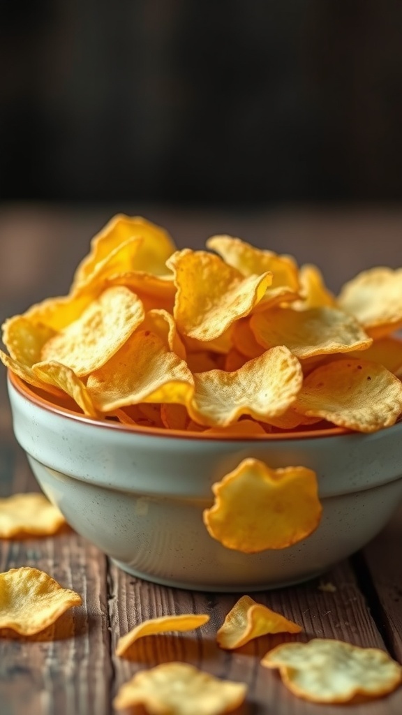 A bowl of golden-brown crispy potato chips on a wooden table.